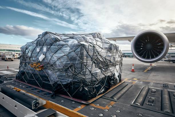 Preparation before flight. Loading of cargo container against airplane.